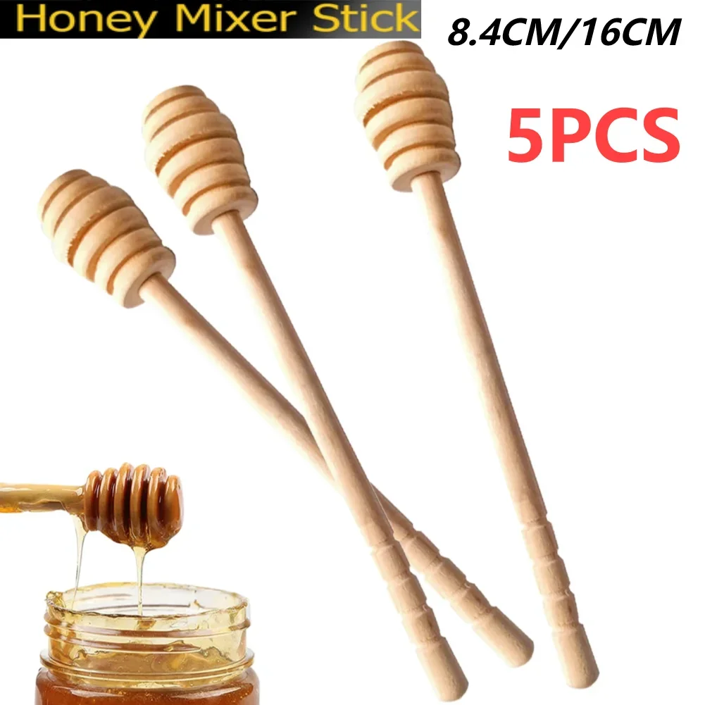 1-5PCS Honey Dipper Stick Long Handle Wood Honey Mixer Stir Practical Bar Spoon 8.4cm/16cm Honey Mixing Stick Kitchen Tools