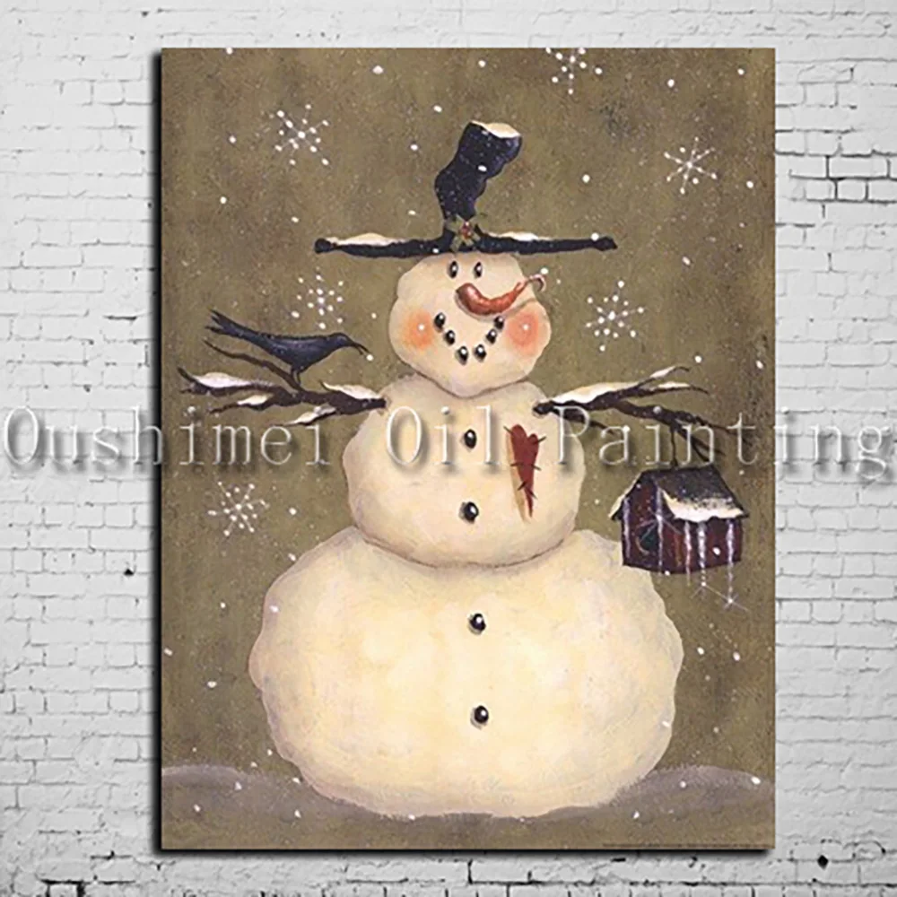 Artist Hand-painted Winter Snowman And Father Christmas Oil Painting For Christmas Gift Handmade The Santa Claus Oil Painting