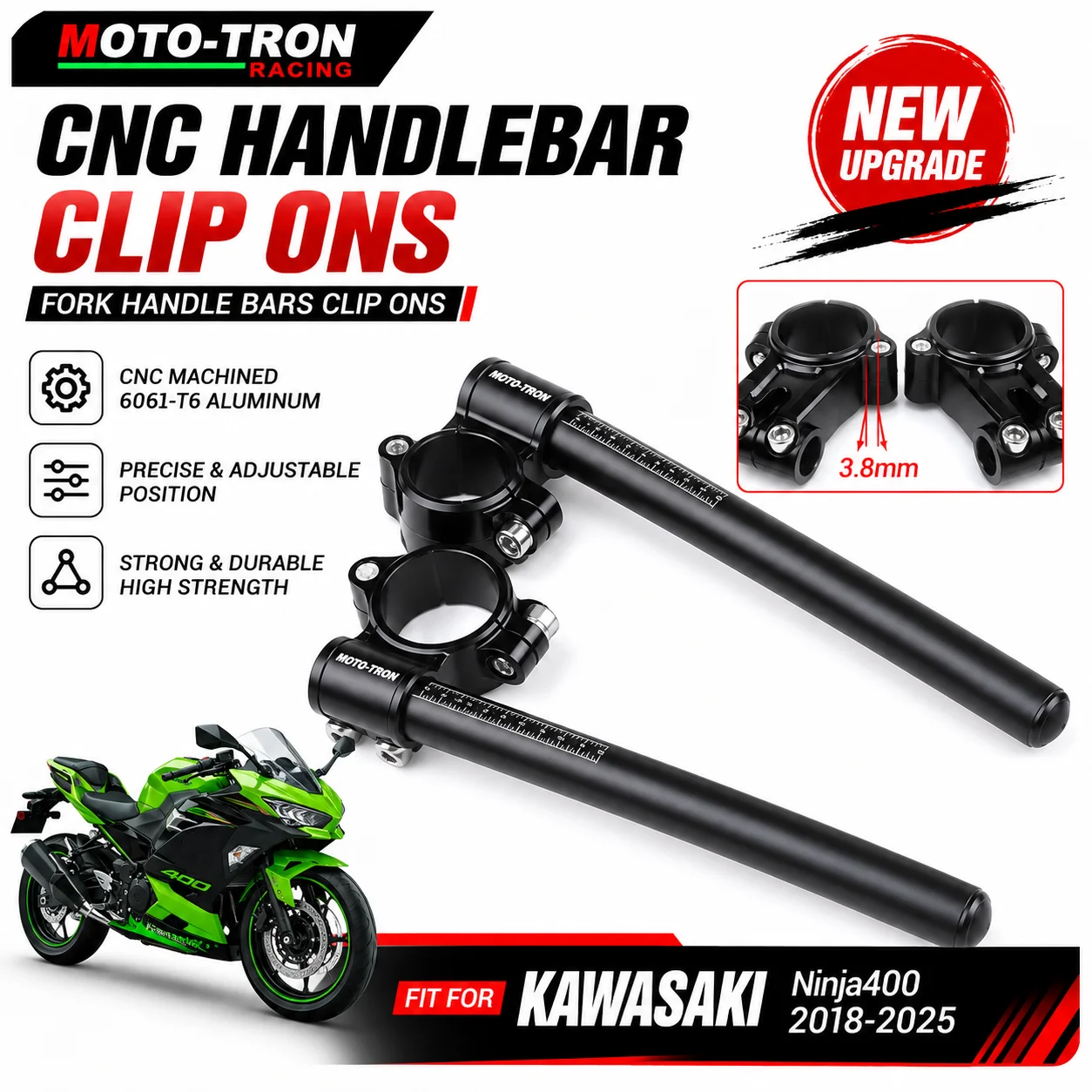 MOTO-TRON Motorcycle CNC Clip Ons Fork Tube Handlebar Racing Handlebars For KAWASAKI Ninja400 2018-2025