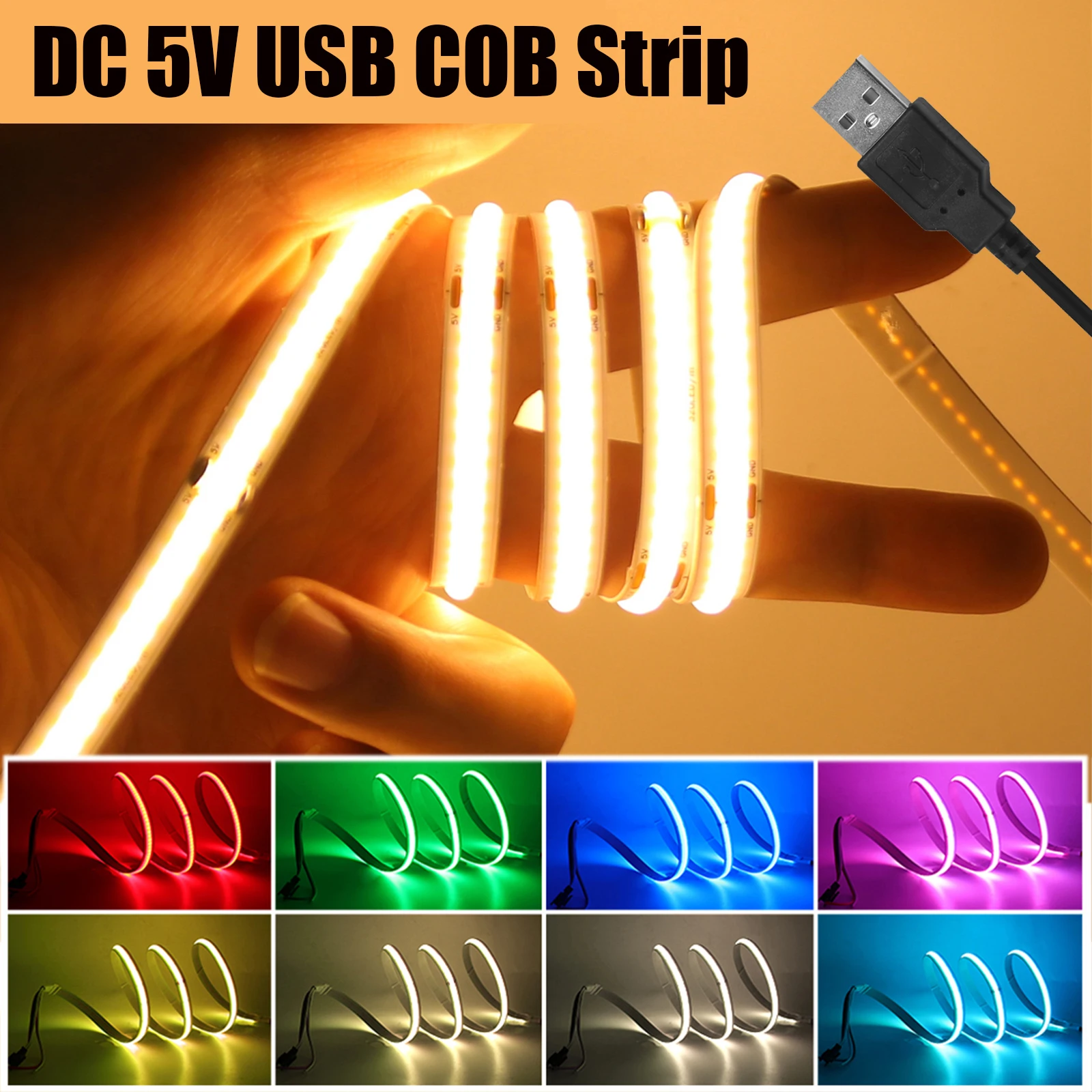 

USB COB Strip DC 5V 320Leds/M Pink/Red/White/Ice Blue/Yellow Cabinet Light Lamp TV Backlight Flexible Ribbon Rope LED Strip