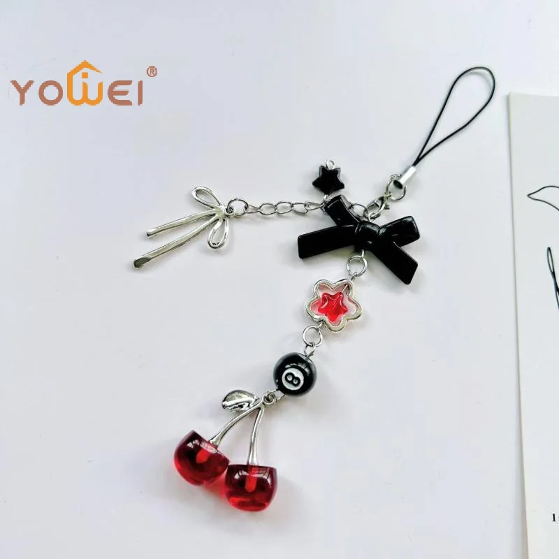 Latest 1 Piece Charms Red Cherry Bow Phone Chain Key Ring Y2K Bag Pendant Keychain Accessory Girlfriend Gift