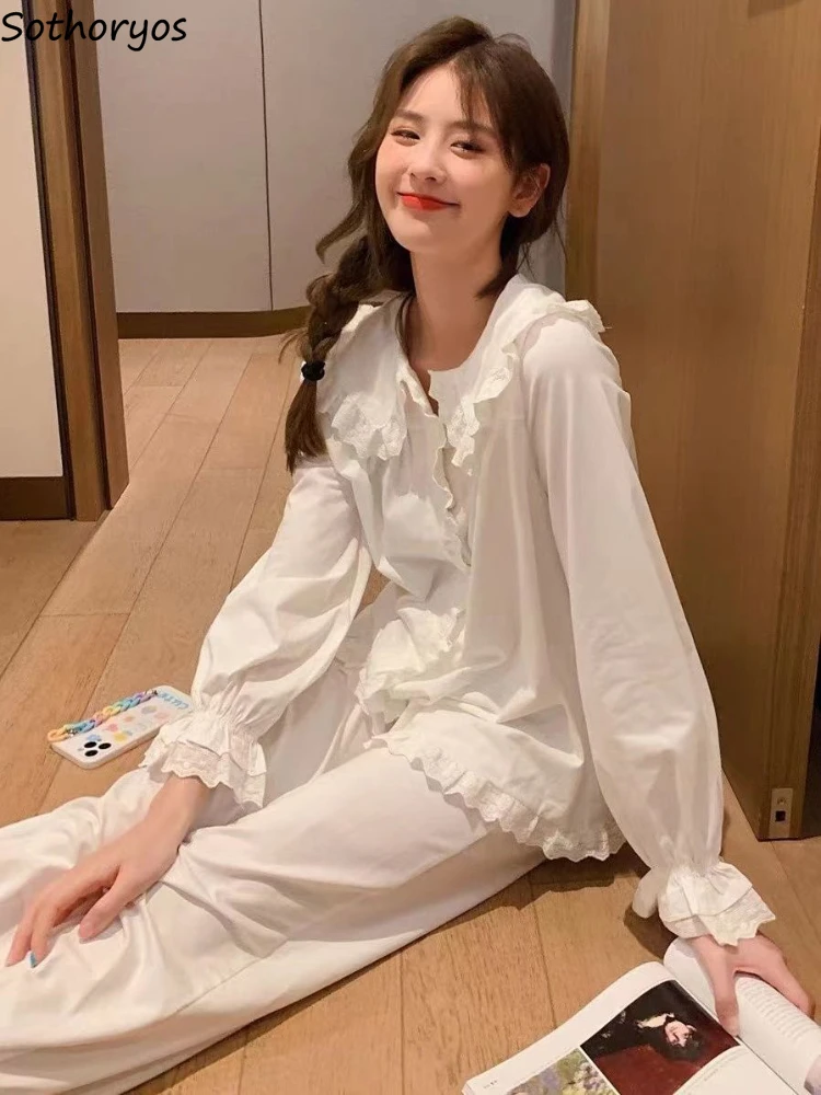 White Pajama Sets Women Peter Pan Collar Sleepwear Cute Lace Princess Girlish Autumn Trendy Comfortable Home Two Piece Outfits