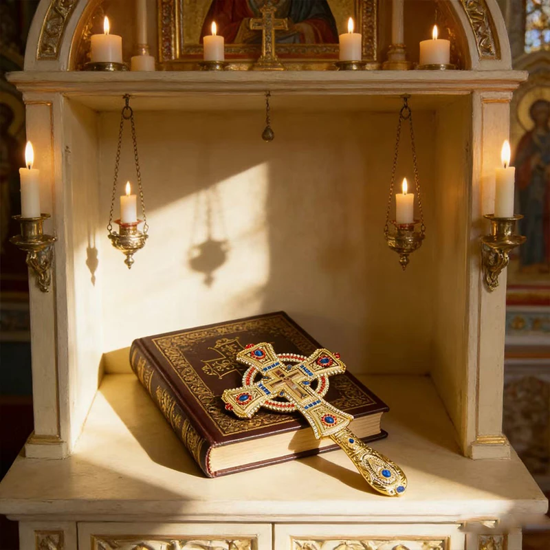 

New 2026 Gold-Plated Orthodox Handheld Blessing Cross Red & Blue Crystal Inlay with Crucifix Icon Premium Christian Liturgy Gift