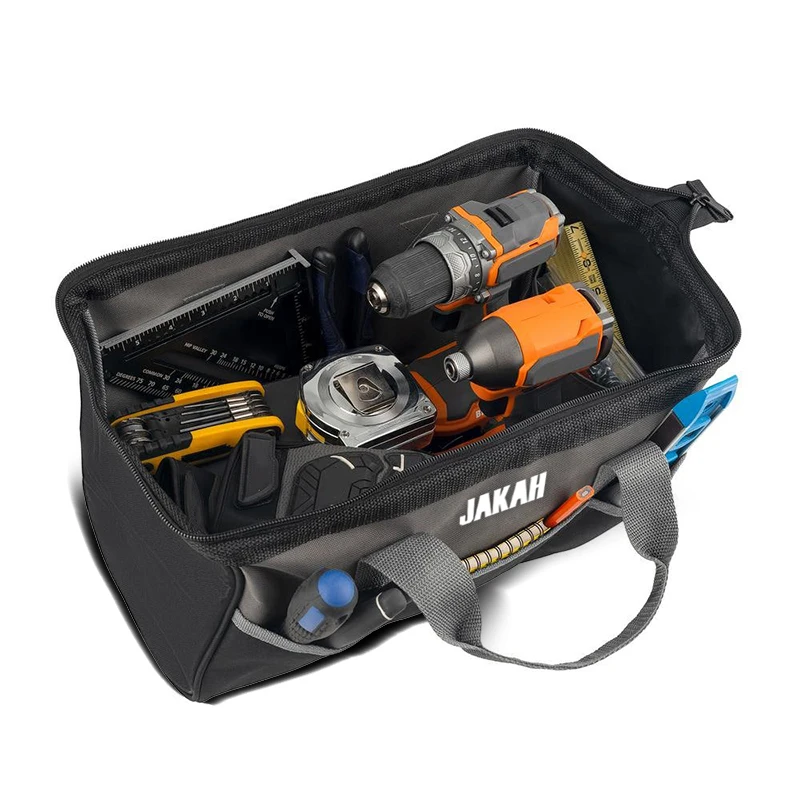 Bolsa de ferramentas longas de 18 polegadas e bolsa de ferramentas de 10 polegadas com bolsos, sacola de ferramentas de boca larga com zíper eletricista carpinteiro JKL-103