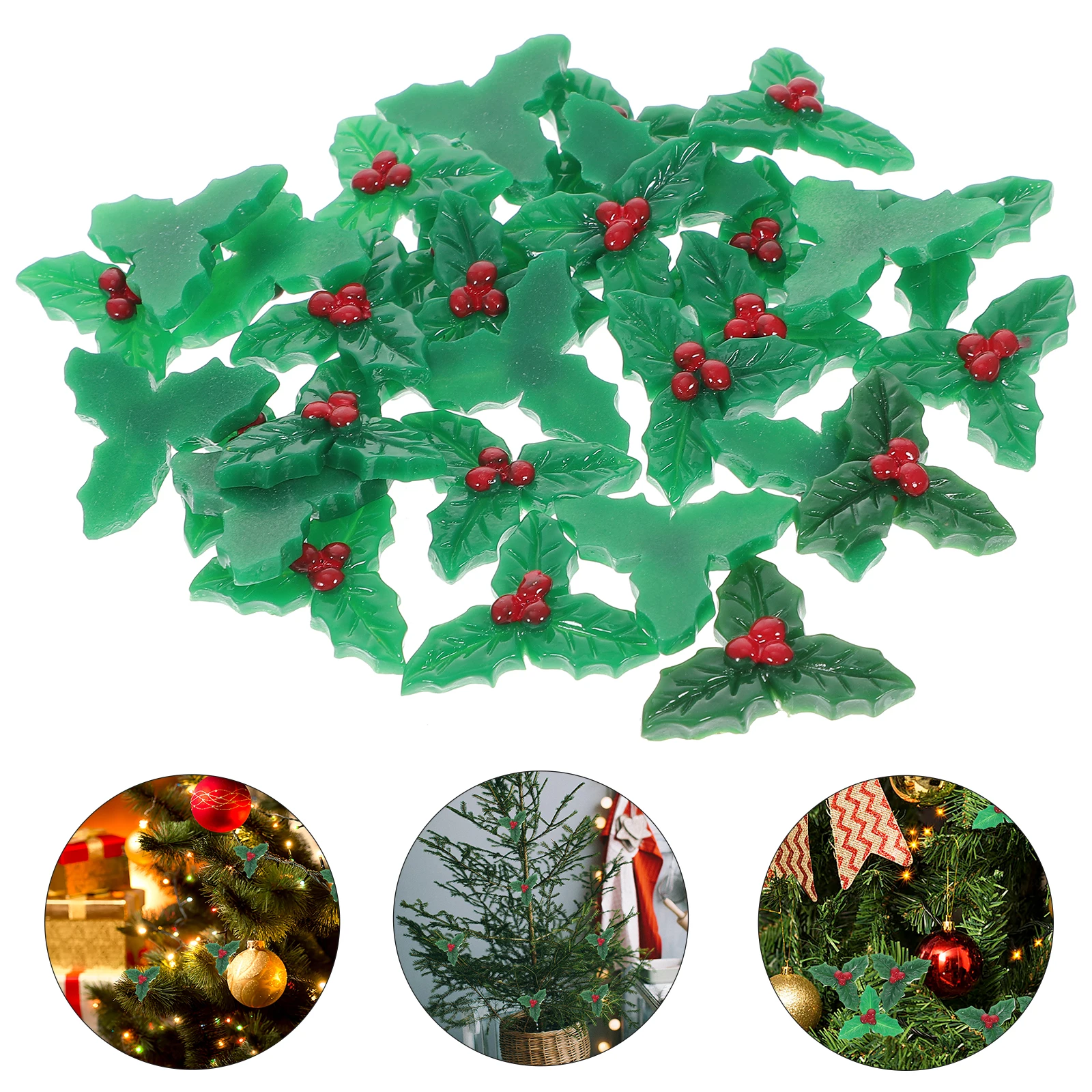 

30Pcs Christmas Resin Holly Berries Leaves Ornaments Diy Crafts Accessories For Trees Wreaths Gifts Green Aesthetic Mini Dolls