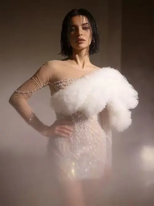 

Изысканное роскошное белое облегающее мини-платье для женщин, сексуальное, из прозрачной сетки, украшенное жемчугом и стразами, для вечеринок