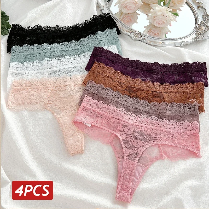 

4Pcs/Set Sexy Lace Women's Thong Breathable Low Waist Floral Women Panties Sets Solid Color G-String Female Underpants Lingerie