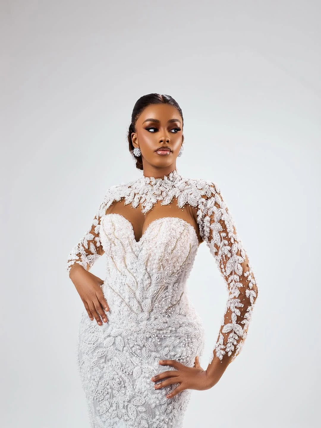 ファッションマーメイドウェディングドレスアップリケビーズブライダルガウンハイカラー長袖スイープトレインドレスカスタムメイドvestidos