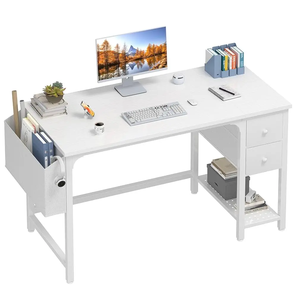 

White Small Desk With Fabric Drawers, 47 H Computer Desk For Small Space Home Office, Modern Simple Study Writing Table Pc