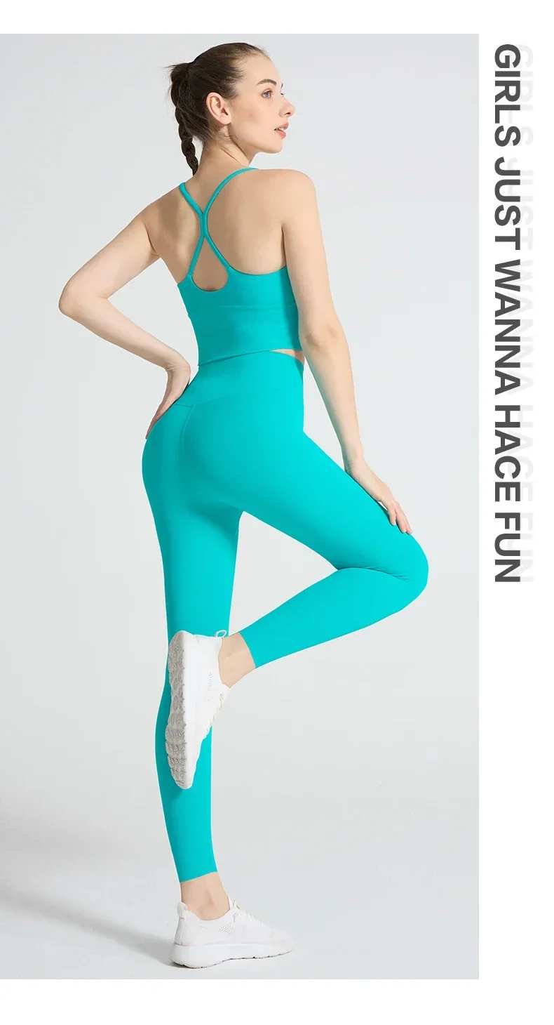 Einfarbige Weiche Damen-Sportanzüge mit Rückenkreuzdesign, Stoßfestes Sport-Top, Hochelastische Fitness-Leggings, Lauf- und Yoga-Sportsets – Detail 15