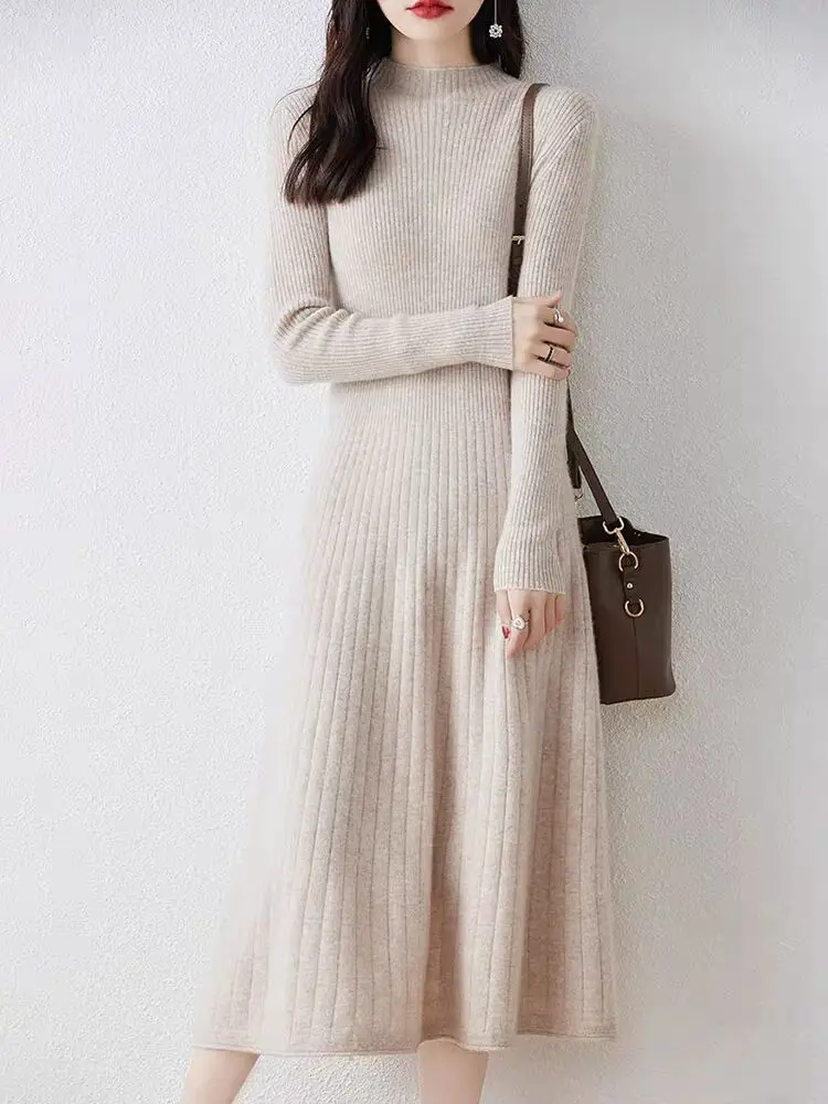 Vestido largo de punto con cuello redondo para mujer, jerséis de estilo largo, invierno y otoño, novedad de 2024