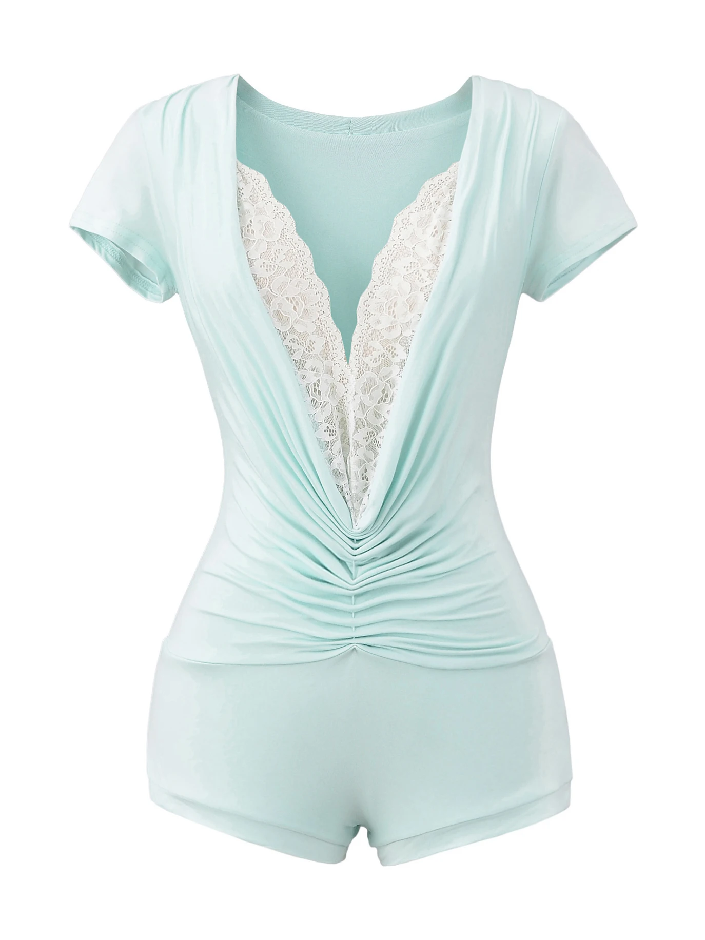 Sexy Deep V-Ne Lace Patchwork ort Sve Onesie Design Sense Twist Versatile Base irt Street Sle Slim Fit Summer Top