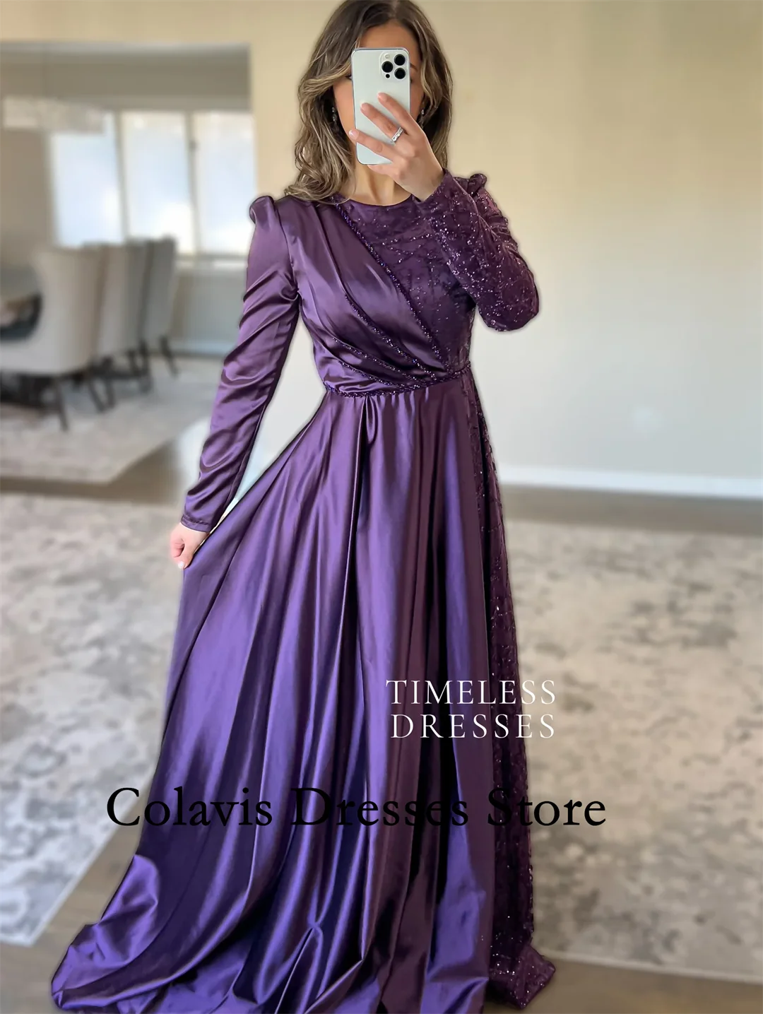 

2025 Customized O-Neck Long Sleeves Satin Beading Plus Size Prom Dresses Evening Dress Women Evening Gowns Formal Party Dress
