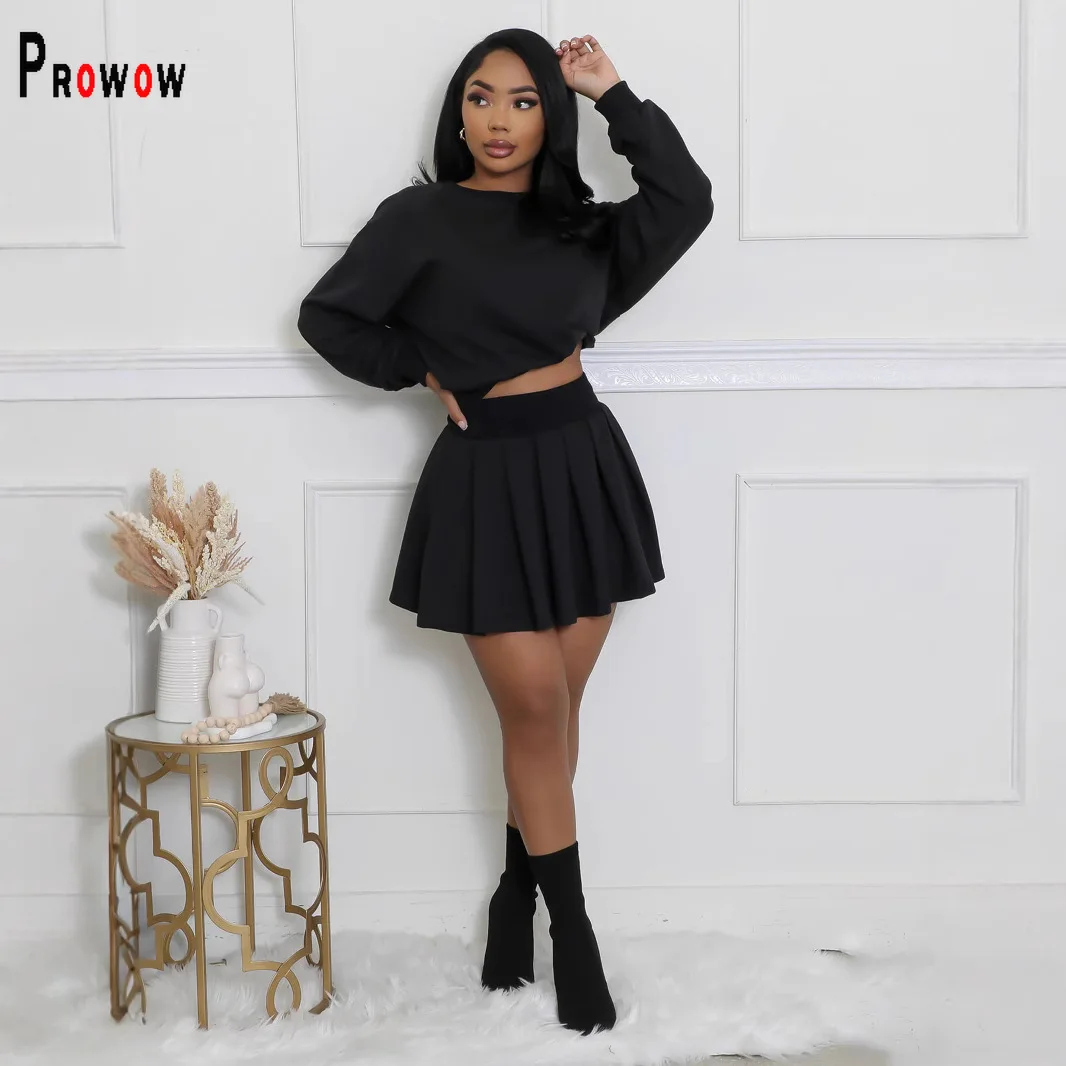 Prowow ファッションソリッドカラートレーナースカートツーピース女性服セット 2025 新着トレンドスリムフィットストリートスーツ