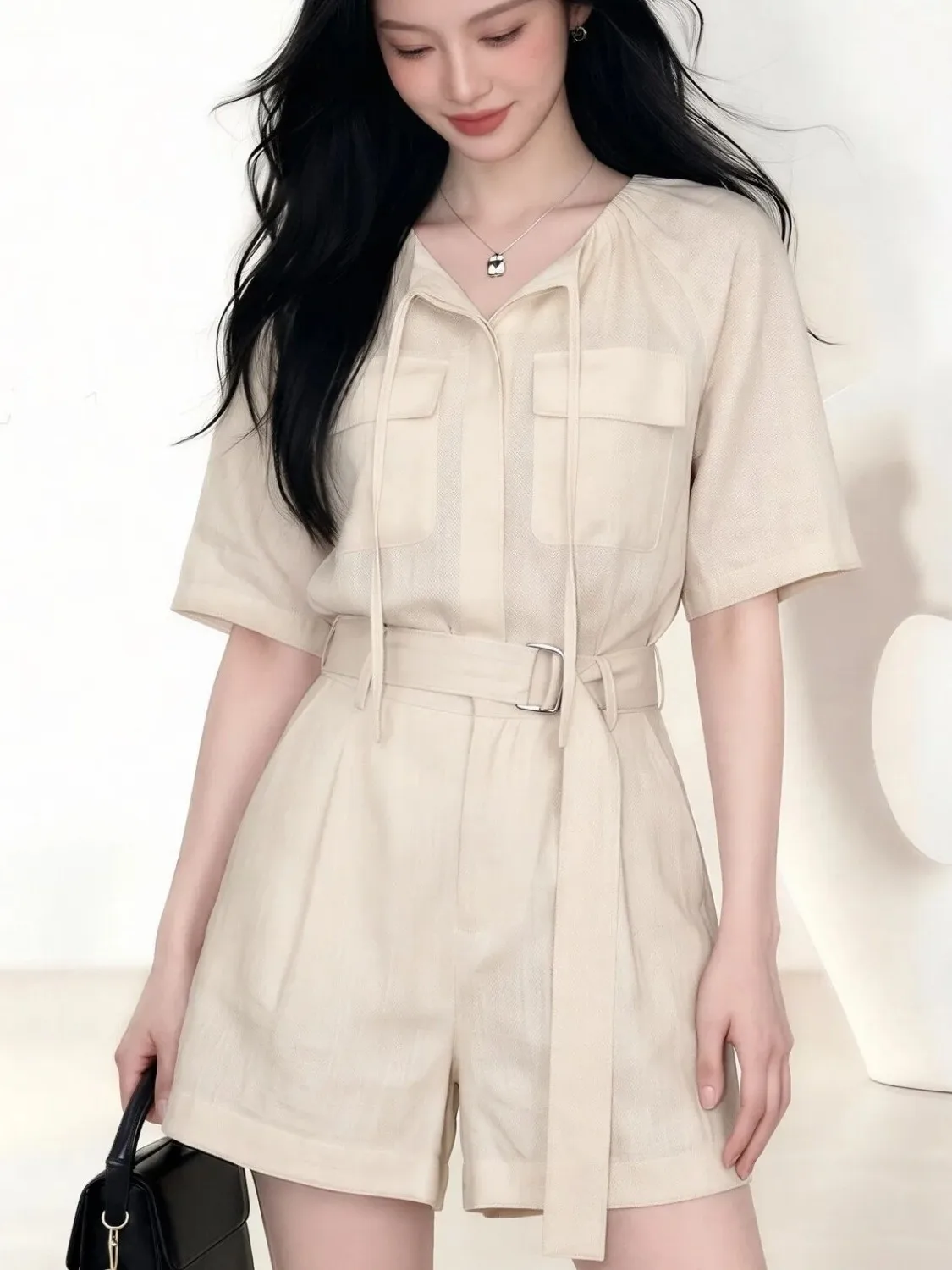 Retro Khaki Workwear Onesie Women's Cross-Border Cotton Linen Wide Leg Jumpsuit High Waist Short Pants Cardigan Sand