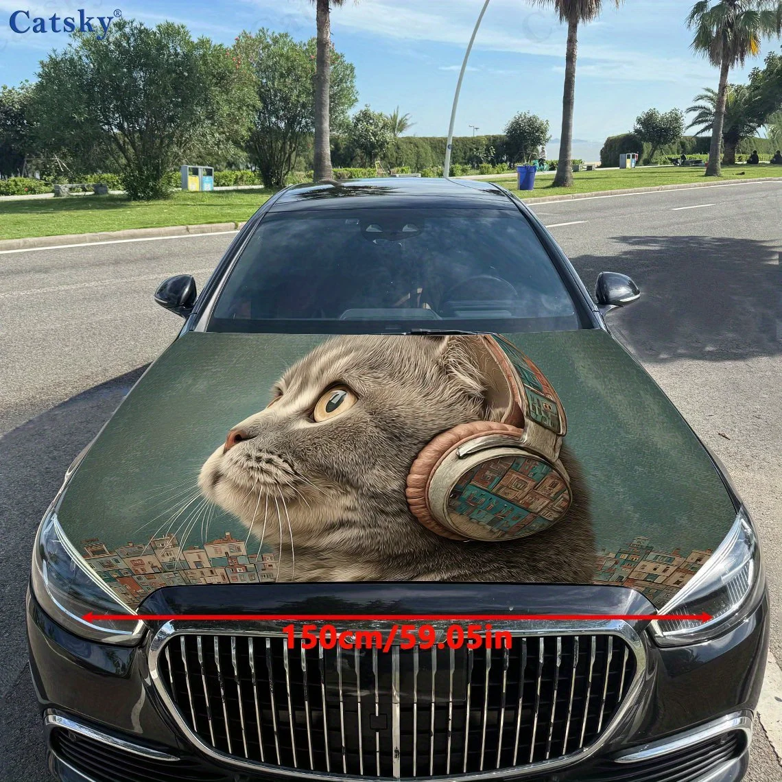 Cat Headphones Music Car Hood Sticker PVC Self Waterproof Stick, Striking Auto Exterior Accessories Decor Protect Gift for Lover