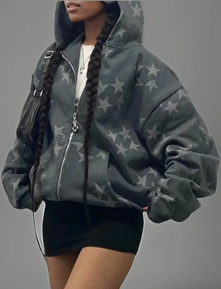 

Американская классическая одежда в стиле гранж, одежда со звездами Y2k, толстовка на молнии, толстовка большого размера с капюшоном, эстетичная куртка в стиле Харадзюку