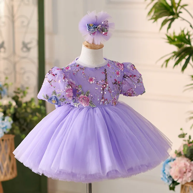 High-grade Fluffy Girls Bow Princess Dress sequin embroidery Baby Birthday Dresses Teen Ball Gown Dres Children Wedding Clothing