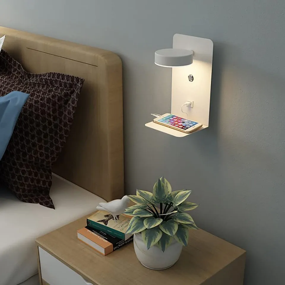 Indoor Wall Lamp 9W Touch Switch 3 Tone Light EU/UL Plug Cable USB Charging 350 ° Rotating LED Living Room Bedroom Study Lighti