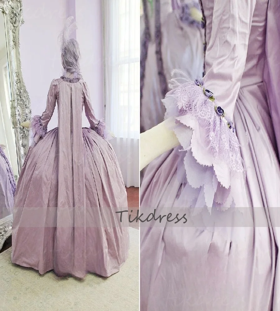 ชุดราตรีสีม่วงไลแลคสไตล์โรโคโคศตวรรษที่ 18 พร้อมงานปัก ชุดราตรีสไตล์จอร์เจียน มารี อองตัวเนตต์ ชุดราตรีสไตล์ยุคกลาง ชุดราตรีสไตล์แกสบี้ ชุดราตรีสไตล์เซลติก แบบสั่งตัด