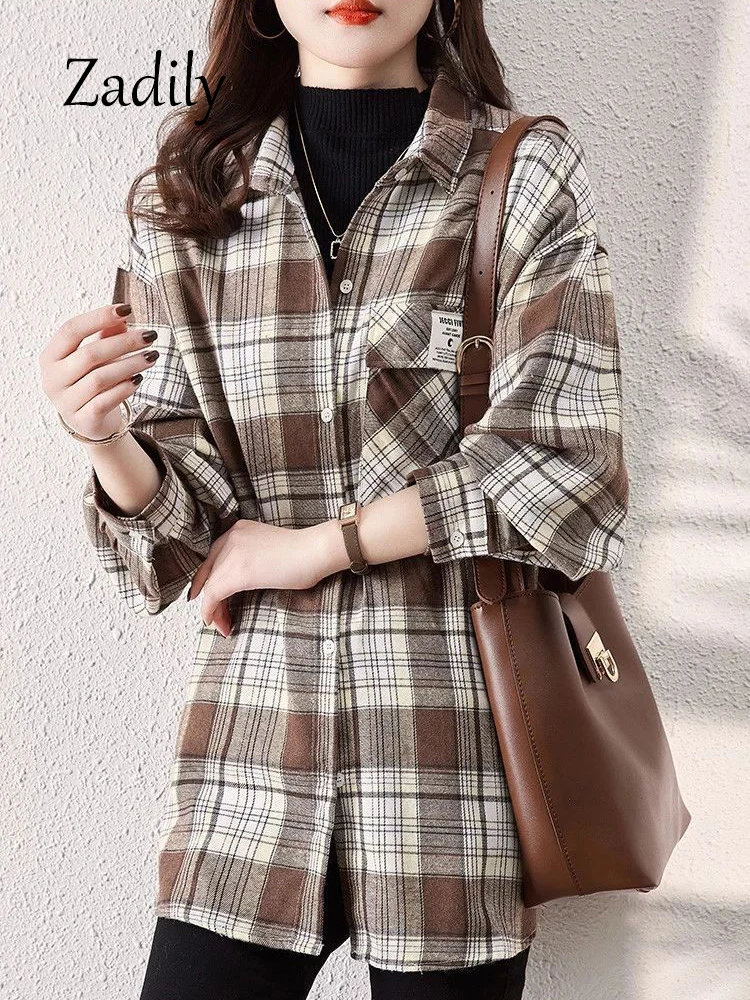 

Zadily 2023 Autumn Casual Long Sleeve Women Plaid Cotton Shirt Oversize Button Up Ladies Blouse Female Clothing Tops