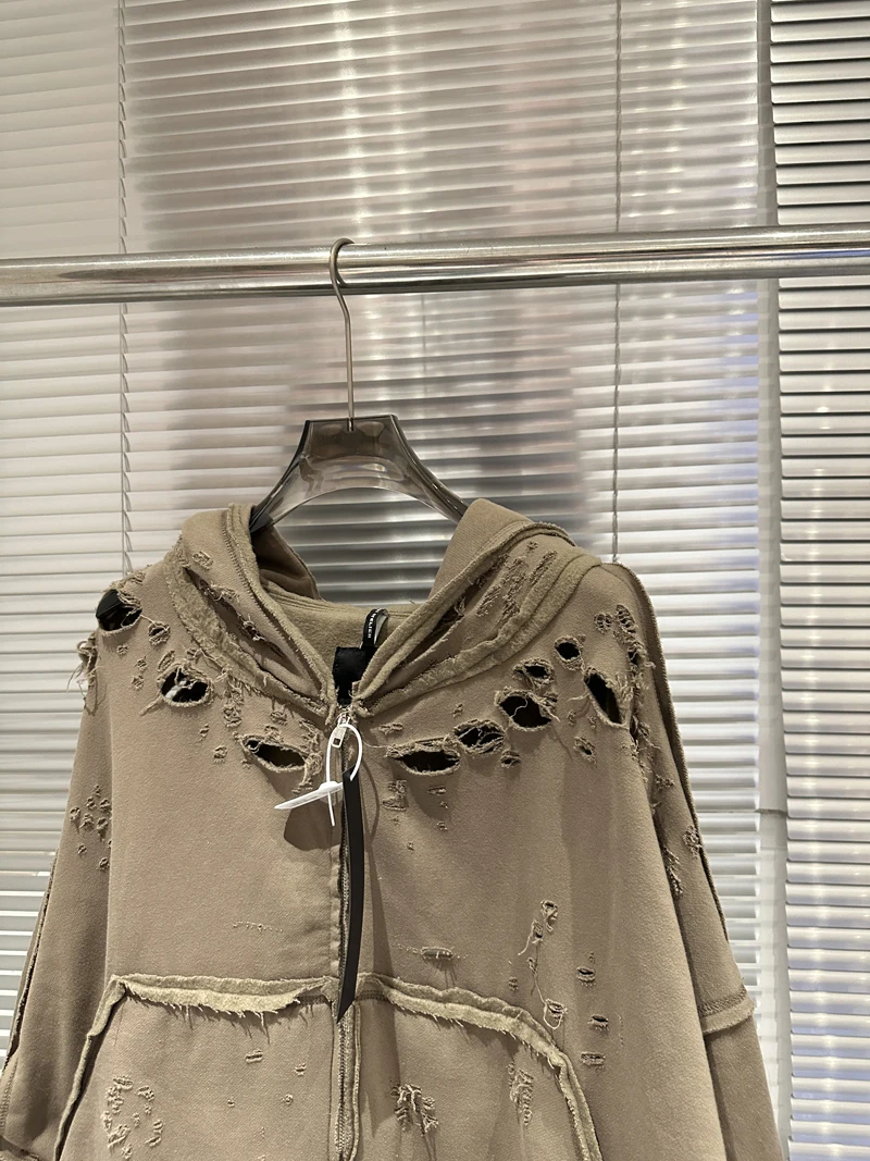 2026ss Distressed Ripped Hole Zipper Hoodies Vintage High Street Cotton Man Woman Hooded Sweatshirts
