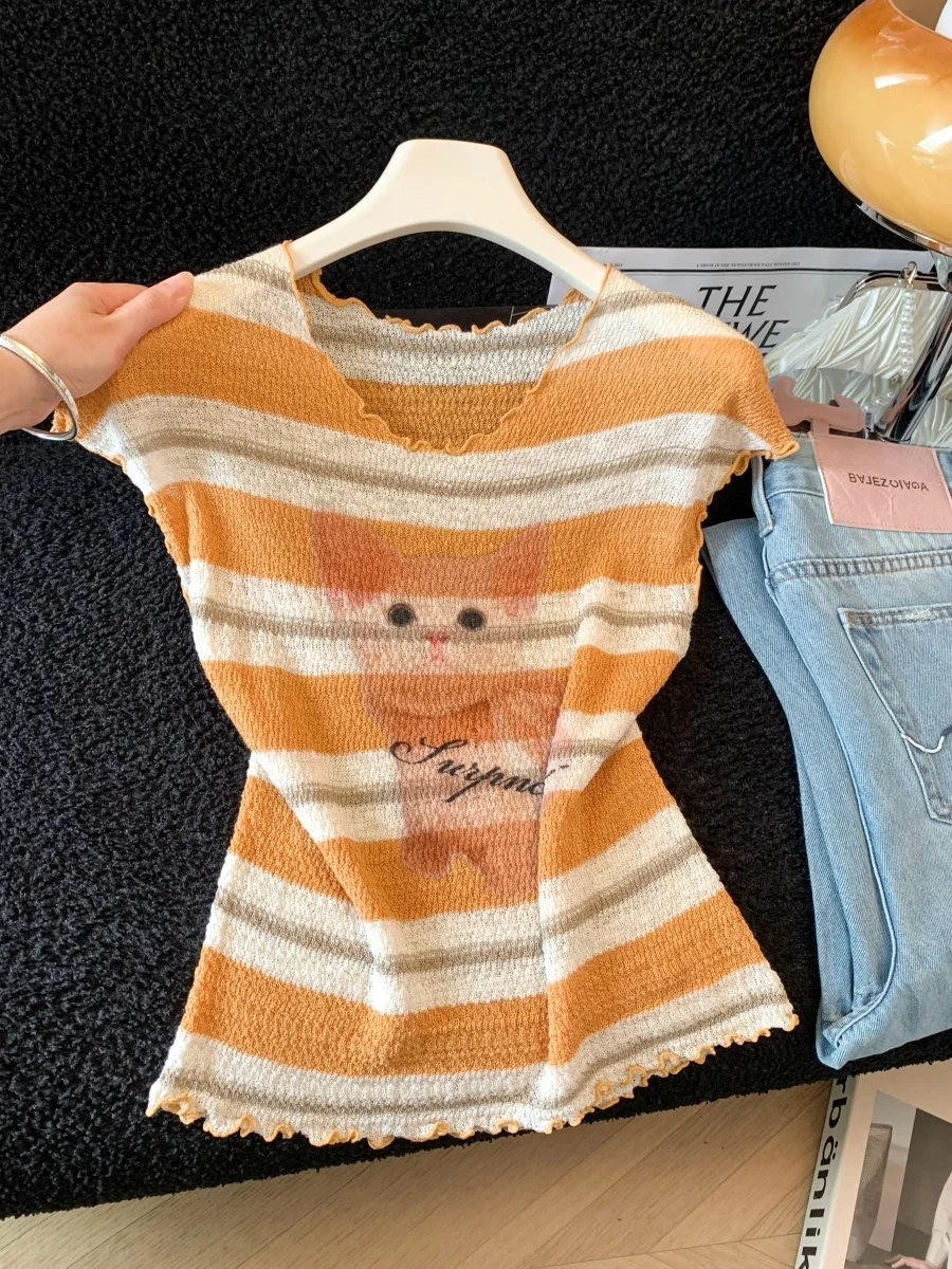 

Orange Floral Print Stripe Thin Knitted Top Women Summer New Style Slimming Short Sleeve round Neck Pullover Fashionable Trendy