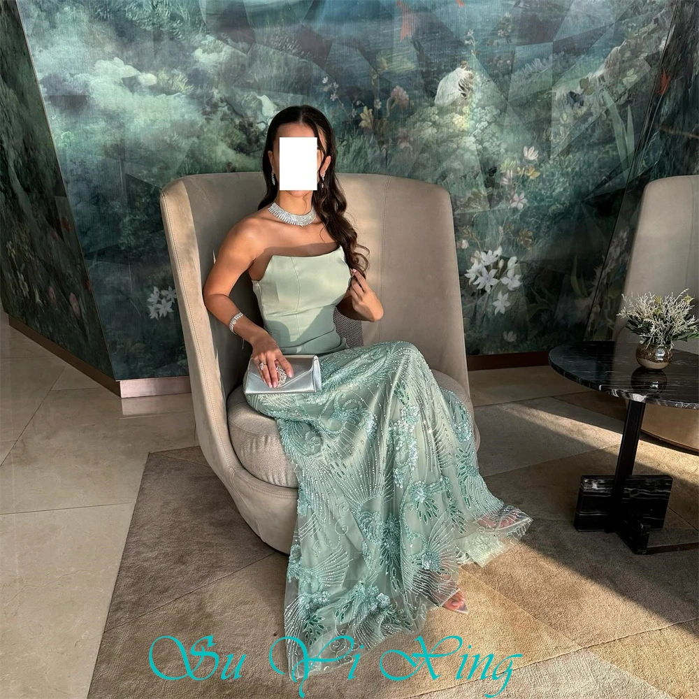 

Customized Classic Green Organza Evening Dress Formal Strapless Sleeveless Celebrity Gowns Soft Beading Zipper Back Prom Dresses