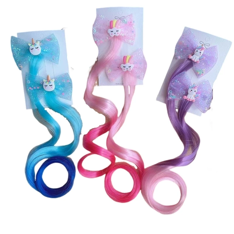 2PCS New Princess Rainbow Bow Unicorn Wig Girls Hairpins Children Lovely Headwear Hairgrip Hair Clips Barrettes Hair Accessories