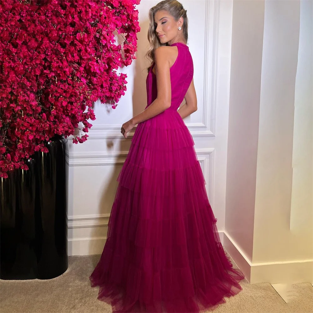 Sansa Fuchsia Halter Neck فساتين سهره فاخره Customized Sexy Sleeveless A-line Prom Dress Grace Multilayer Vestidos De Noche