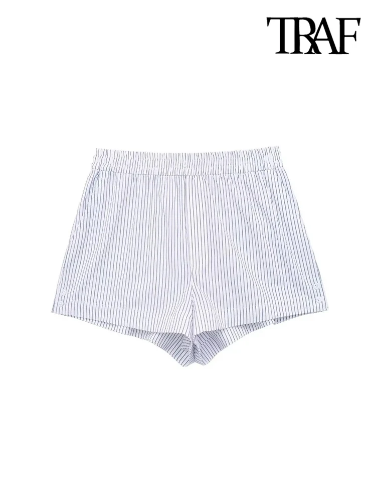 TRAF-Striped Patchwork Shorts for Women, Side Pockets, Vintage, Mid Elastic Waist, Split Hems, Female Short Pants, Chic Fashion