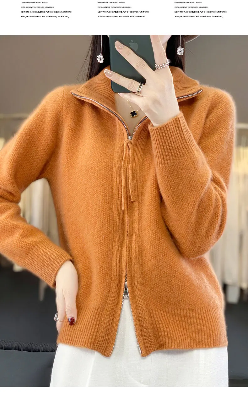 Autumn And Winter New Thick Two-Way Zipper Wool Cardigan Women's Loose Casual Sweater Solid Color Knitted Cashmere Coat