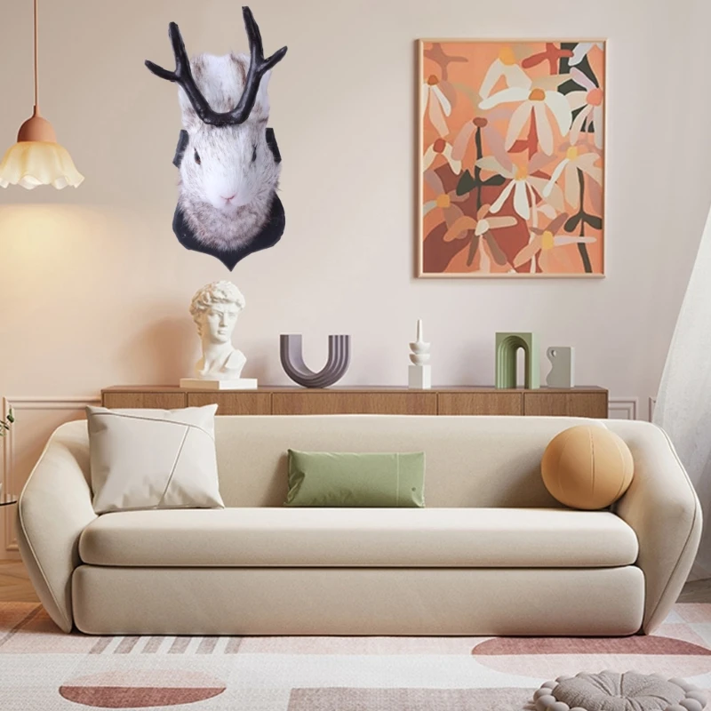 Delicate Antler Rabbit Head Decorations Simulations Rabbit Sculpture Animal Shaped Jewelry Easy to Clean Wall Hook