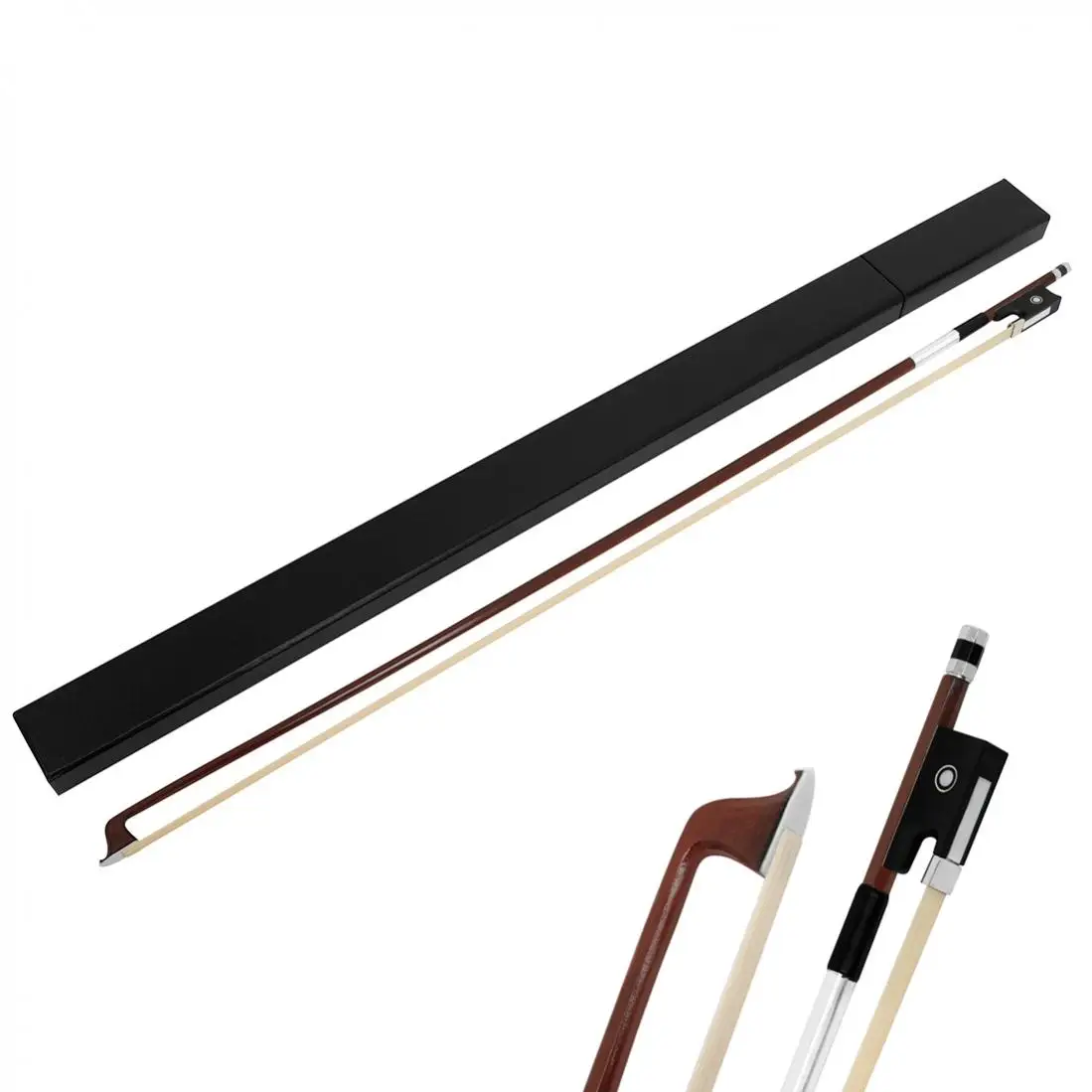 Brazilwood 4/4 Full Size Ebony Wood Frog Violin Bow with Storage Box, Sheepskin Bow Grip White Horsehair Fiddle Bow