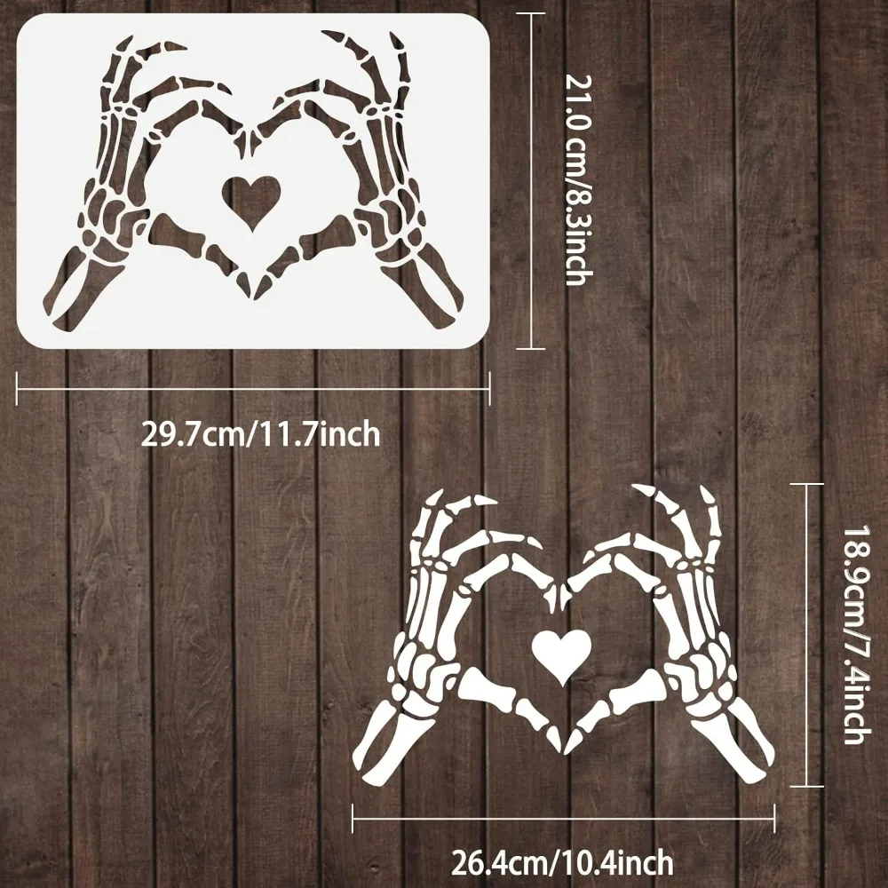 Heart Skeleton Hand Stencil 8.3x11.7inch Reusable Skeleton Hand with Heart Pattern Drawing Template DIY Art Skull Hand