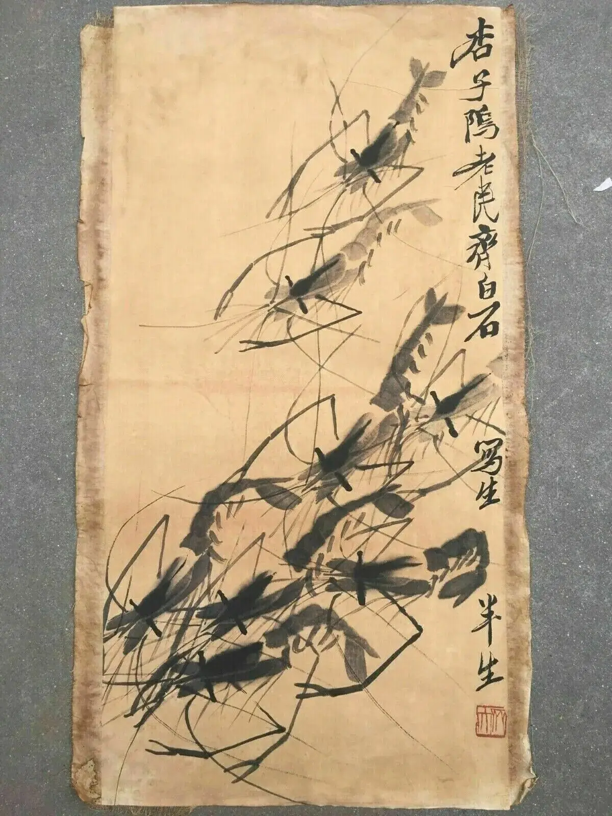 

Chinese Old Scroll Qi Baishi - Shrimp Painting Rice Paper Painting Slice