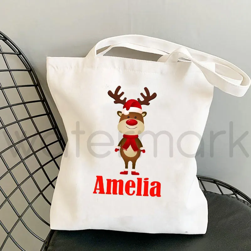 Name Customization Merry Christmas Present Shopping Tote Bags Eco Friendly Reusable Carrying Canvas Shoulder Bag Cloth Handbags