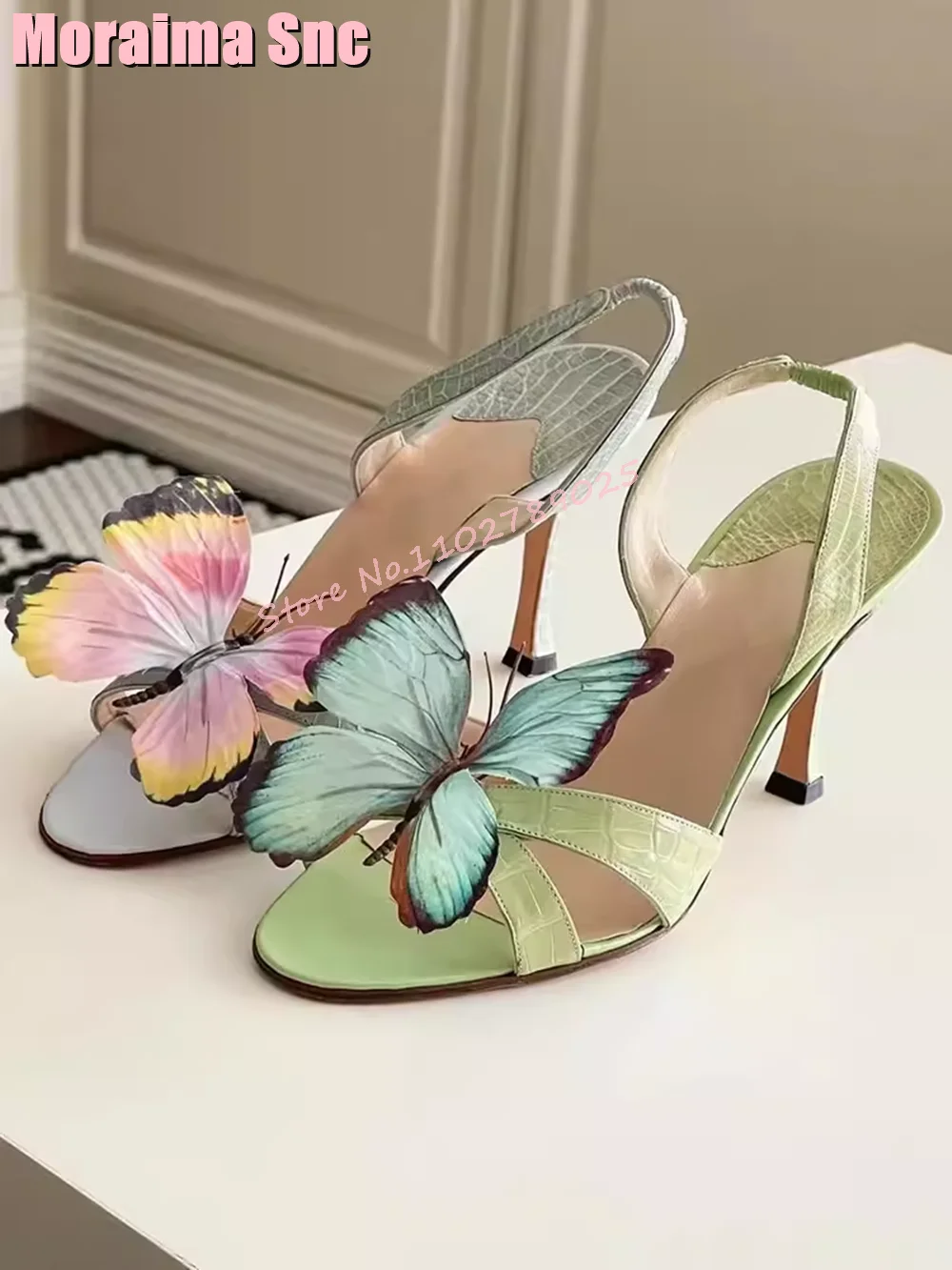 Sandalias de Punta abierta redondas con decoración de mariposa única, tacón alto de aguja con correa trasera, colores mezclados, zapatos de moda para mujer, banquete de verano