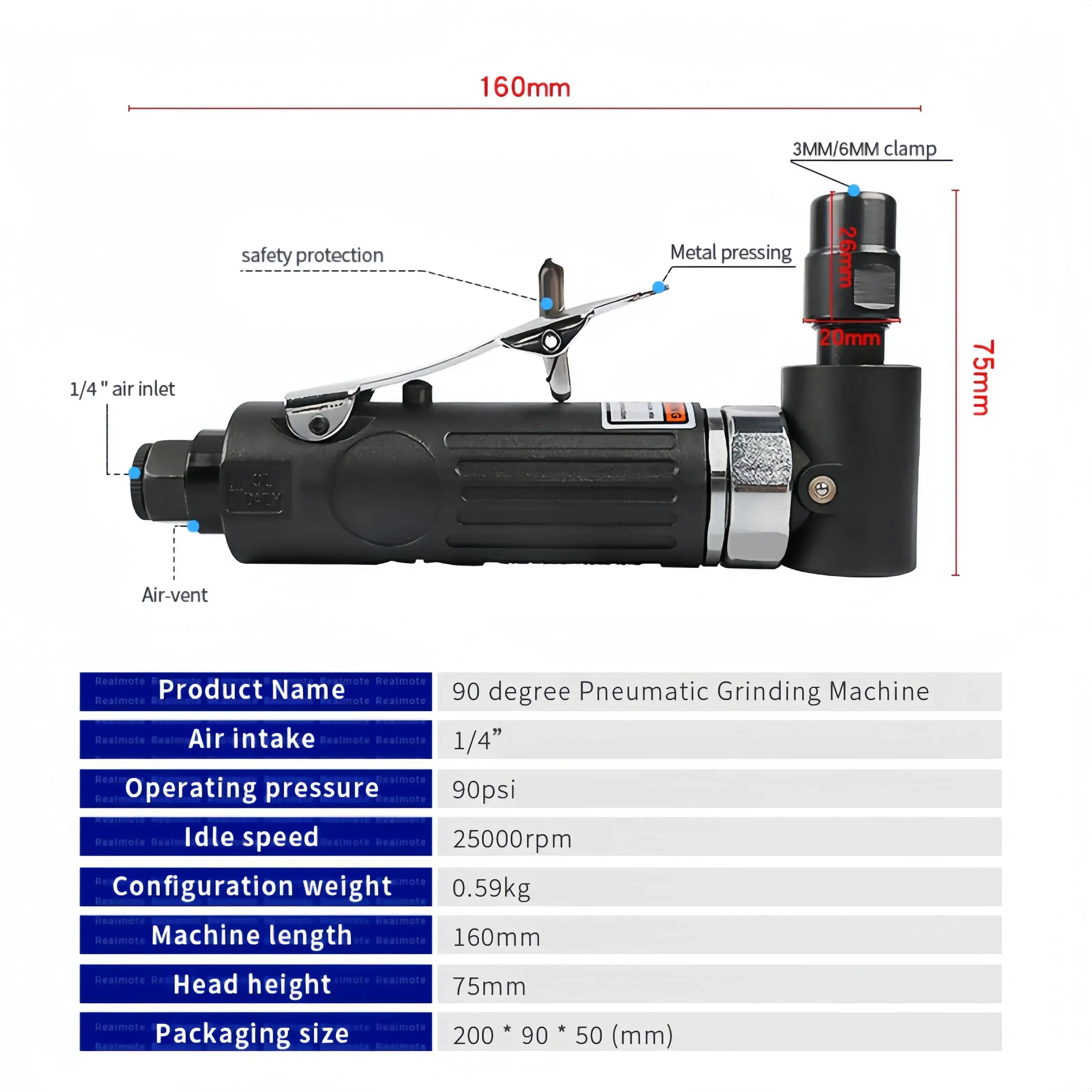 Utensile rotante pneumatico ad alta velocità per smerigliatrice angolare ad aria da 90 gradi con 3 dischi per lucidatura dei metalli per la molatura della vernice in acciaio per incisione