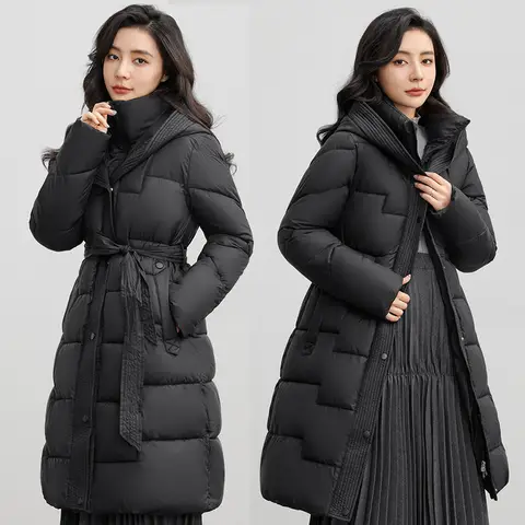 2024 겨울 새 재킷 여성 긴 두꺼운 다운 코트 후드 스트레이트 우아한 겉옷 한국 패션 여성 퍼퍼 파커