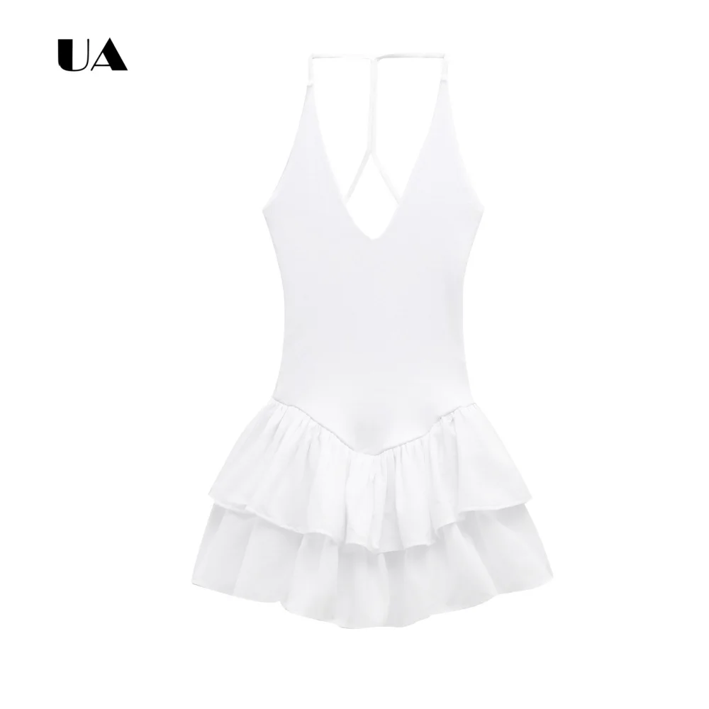 Vestido Mini Halterneck ULBYANRY com Caimento Evasê e Bainha em Camadas com Babados, Vestido de Noite Sólido Sem Mangas para Mulheres, Elegante Vestido de Festa