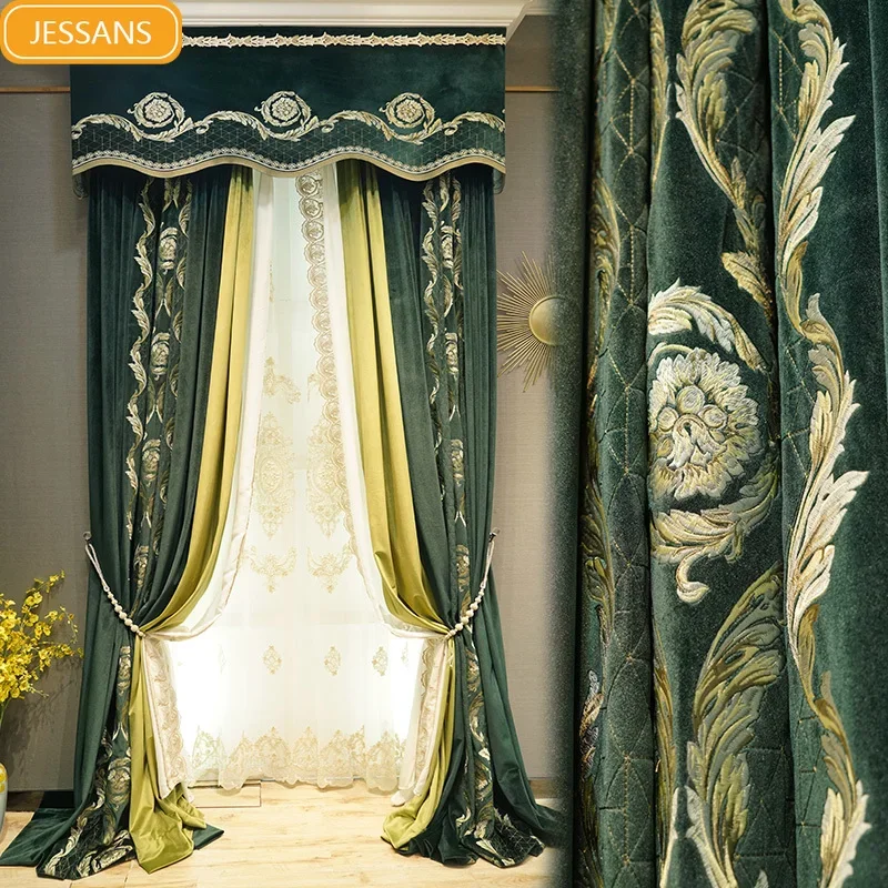 American High-end Ink Green Tree Leaf Embroidery Velvet Curtains for Living Room Bedroom Villa French Window Customized Valance