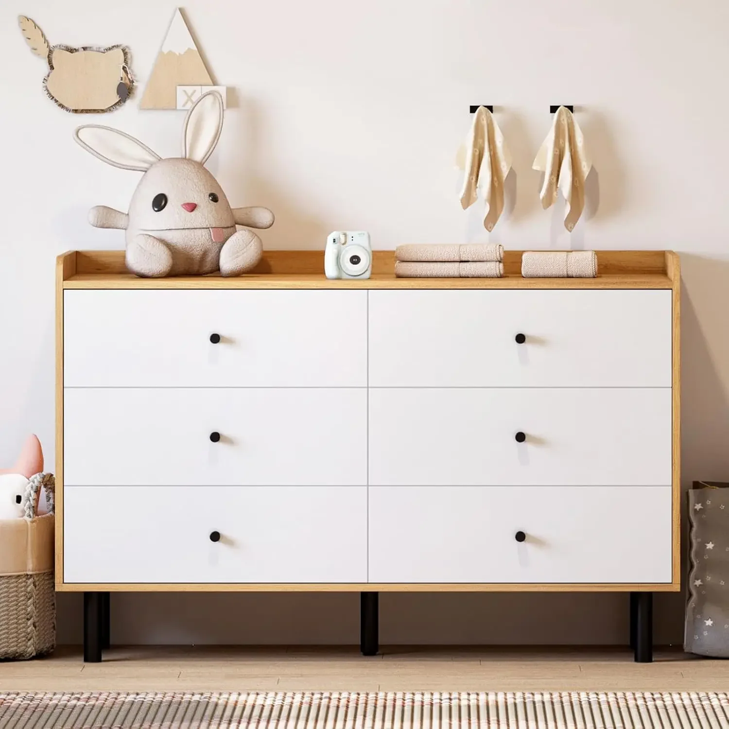 Bedroom with 6 Drawers and Metal Handle,Sturdy Frame Modern Bedroom Furniture, Chest of Drawers, White Dressers with Drawers for