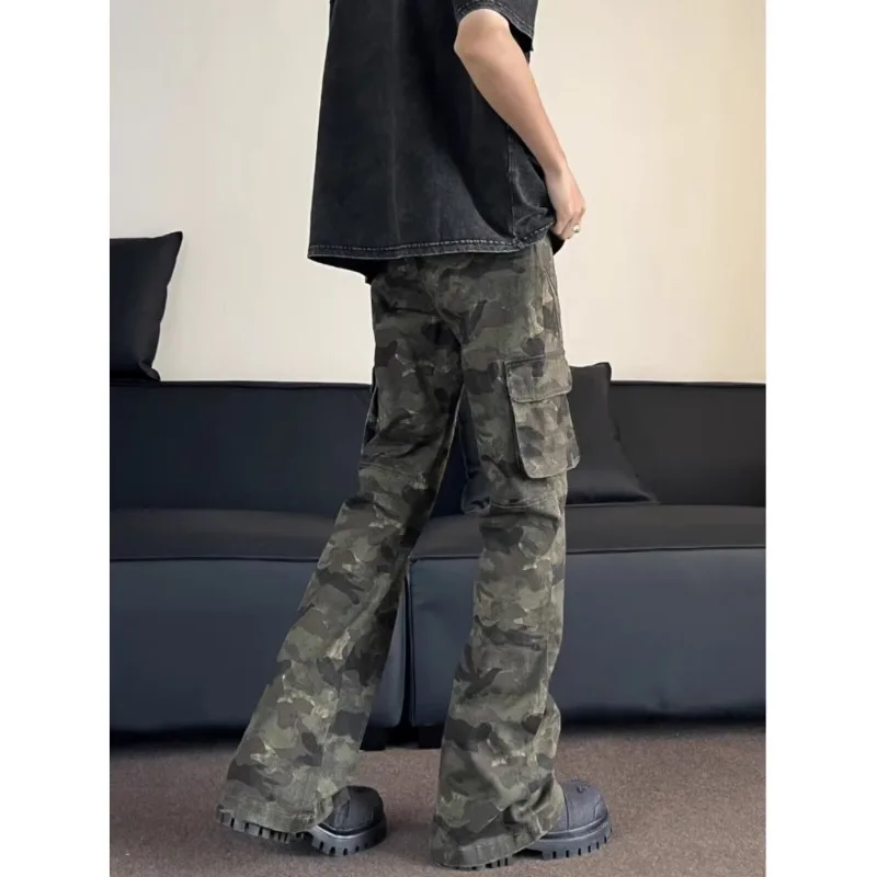 Men's Jeans Military Green Stitch Flare Bell Bottom Camo Man Pants Washed Denim Bootcut Trousers