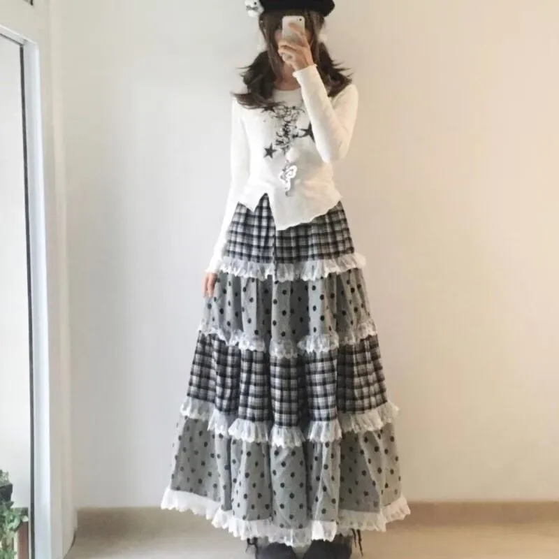

French Retro Lace Plaid Multi-layer Splicing A-line Half Long Skirts for Women Versatile Japanese Girls Harajuku Plaid Dot Skirt