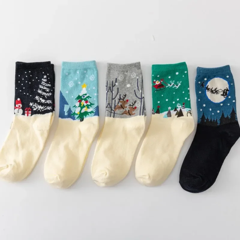 Women's Mid Length Socks Christmas Cotton Sock White Bottom Snowman Elk Women's Fashion Funny Couple Socks