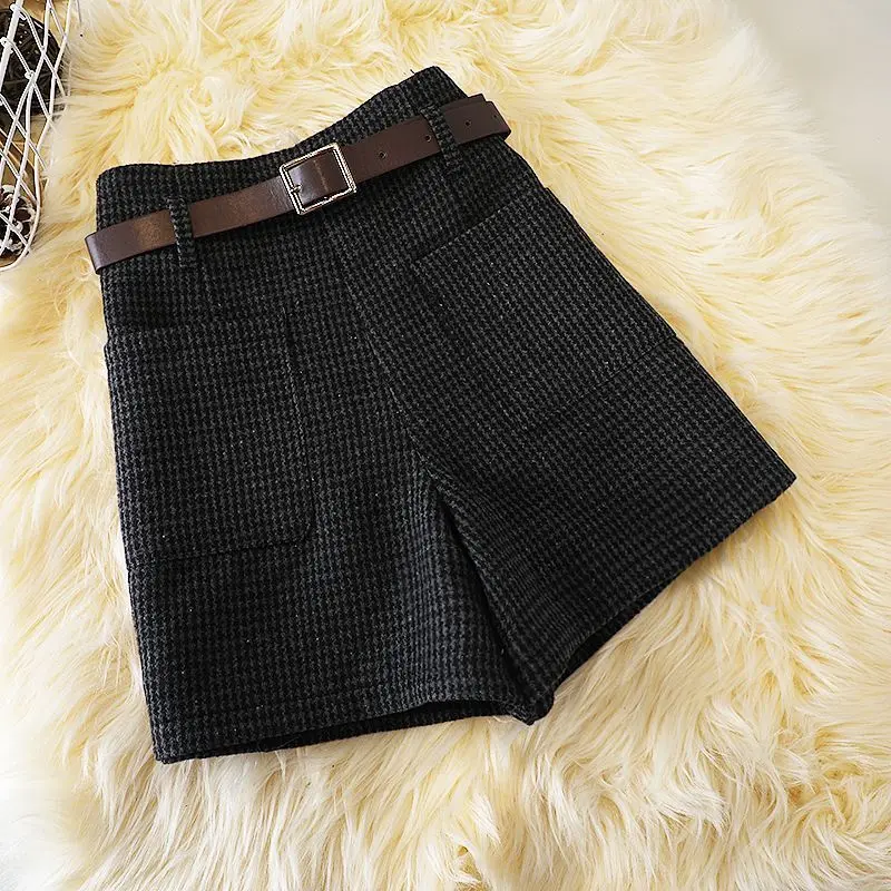 New Houndstooth Pattern Shorts for Women Autumn New High Waist Tweed Bottoms 2024 Fashion All-match A-line Wide Leg Shorts M49