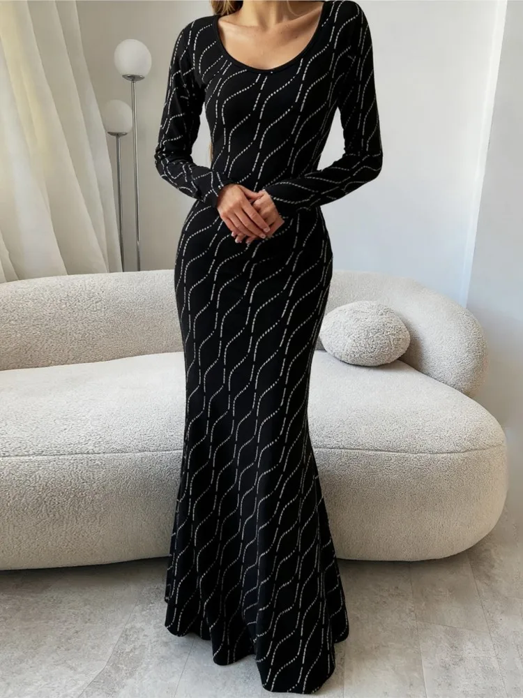 

Dresses 2025 Woman Elegant Fashionable Vestidos Printed Evening Dress Slim Sequined Robe Long Sleeves Temperament Simple Style