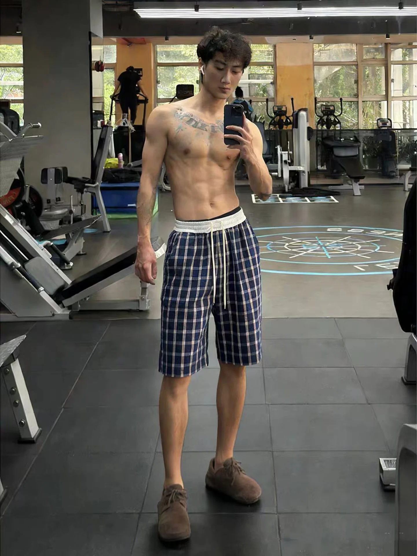 

Blue Plaid Bubble Shorts Men's Summer Lazy Loose Fit Five Inch Fitness Sports Pants Straight Leg Micro Stretch Teenager