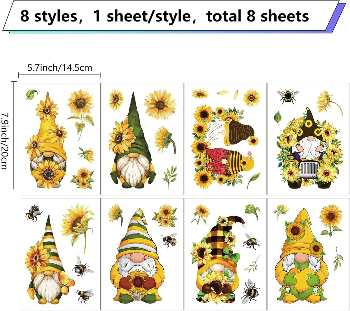 8 Sheets 8 Styles Sunflower Window Stickers Spring Theme Gnome Stickers Window Clings Wall Decor Decals for Fridge Bedroom